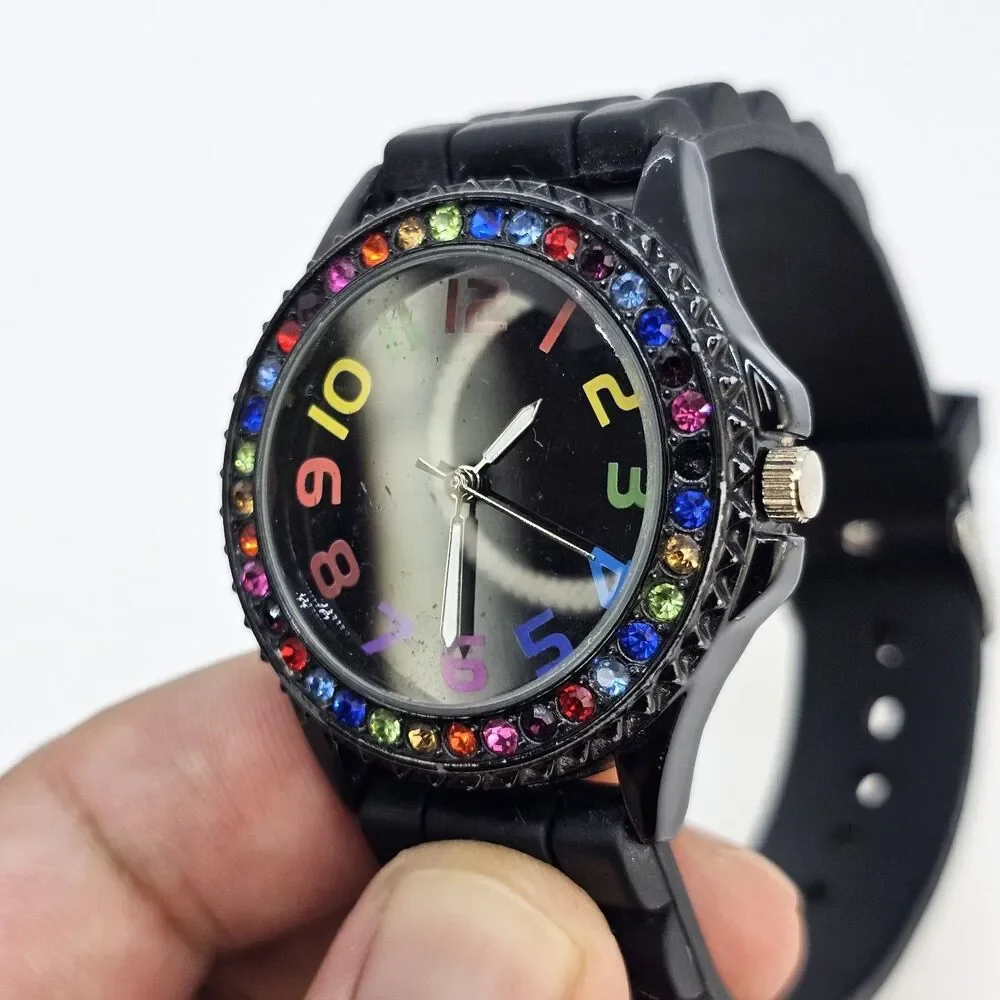 38MM Watch Women Black Dial Multicolor Bezel Black Plastic Bands‎ New Battery